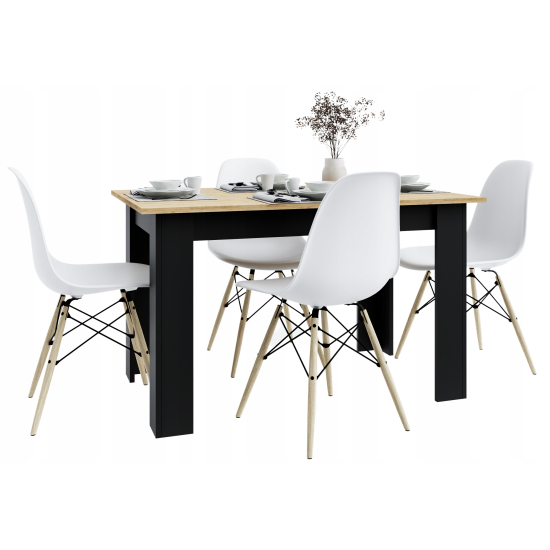 Stół kuchenny 120x80 Dąb Craft + Czarne nogi + 4 krzesła Skandynawskie Milano Białe